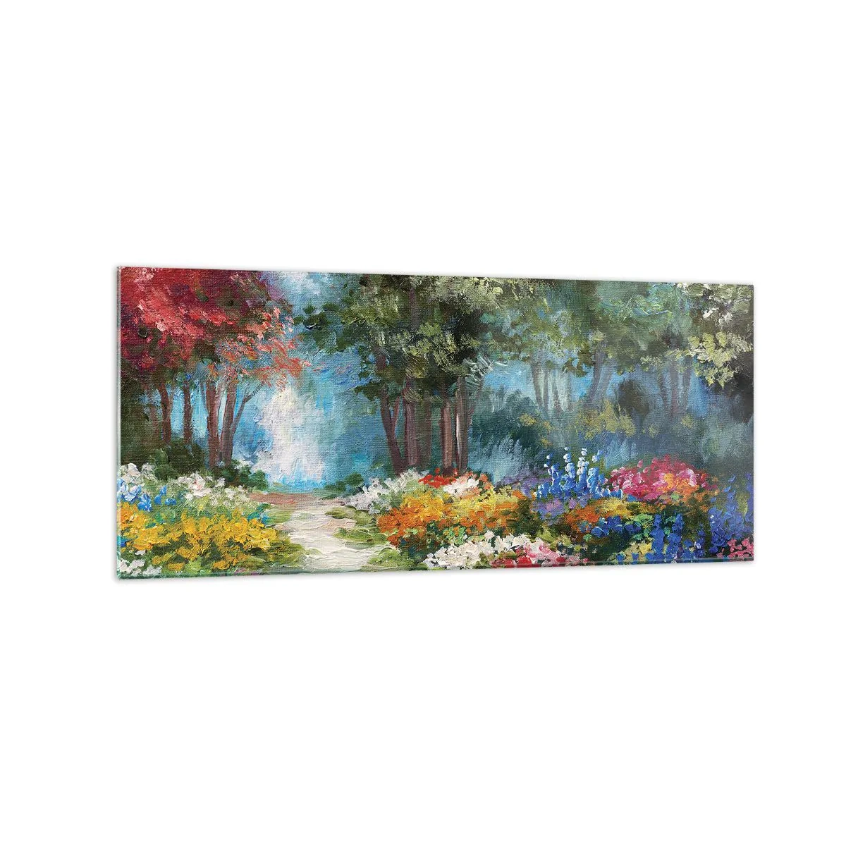 Tablou pe sticlă - Grădină de pădure, pădure de flori - 120x50 cm