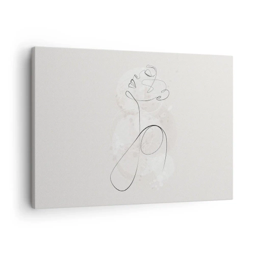 Tablou pe pânză Canvas - Contur minimalist al feței cu o floare pe un fundal deschis - 70x50cm - Spirala frumuseții - Decorațiune modernă pentru perete pentru living și dormitor ARTTOR