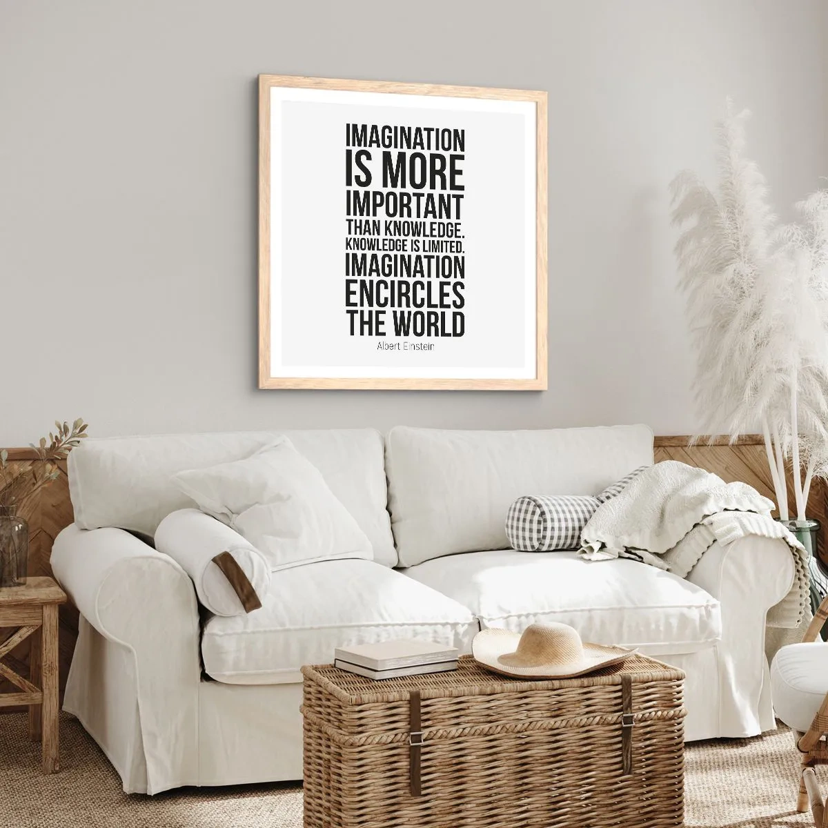 Poster în ramă de stejar deschis - Einstein despre puterea imaginației - 50x50 cm