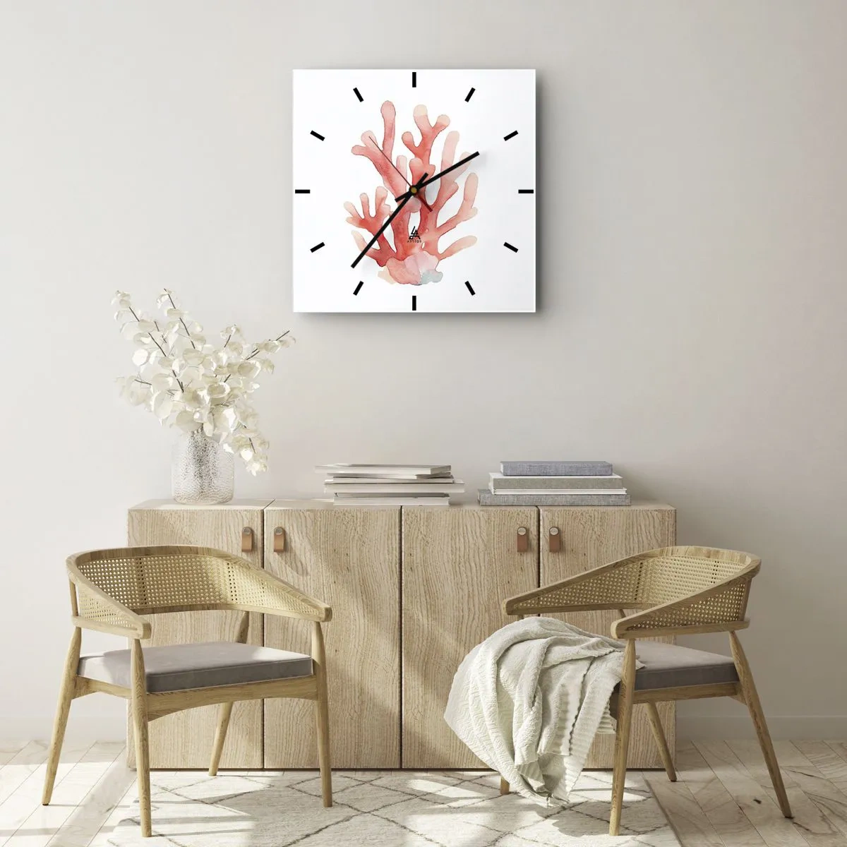Ceas de perete - Ceas pe sticlă - Culoare de coral - 40x40 cm