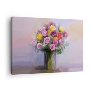 Tablou pe pânză Canvas - Un buchet de trandafiri colorați într-o vază de sticlă - 70x50cm - Frumusețe reținută - Decorațiune modernă pentru perete pentru living și dormitor ARTTOR