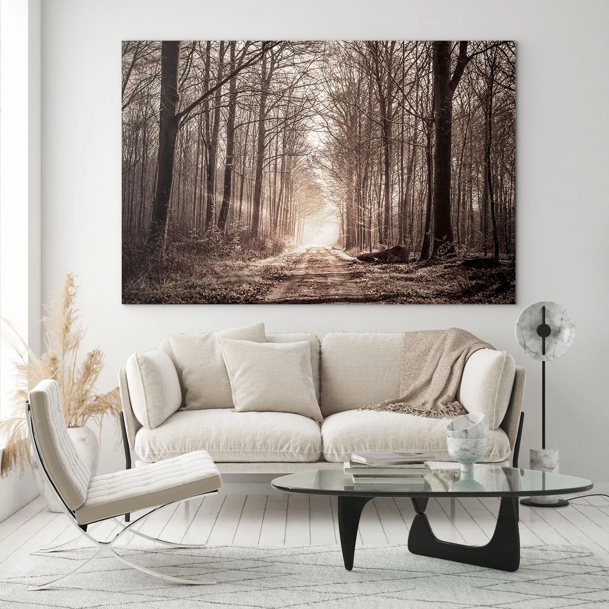 Tablou pe sticlă - Drum forestier în ceața dimineții - 70x50cm - Catedrala Forestieră - Decorațiune modernă pentru perete pentru living și dormitor ARTTOR
