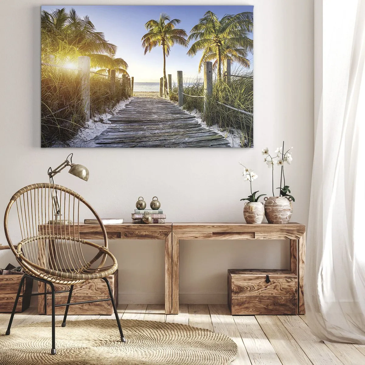 Tablou pe pânză Canvas - Cale de lemn pe plajă cu palmieri în fundal - 70x50cm - Direct în paradis - Decorațiune modernă pentru perete pentru living și dormitor ARTTOR