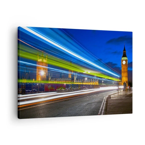 Tablou pe pânză Canvas - Big Ben noaptea cu efectul luminilor în traficul stradal - 70x50cm - Sub ochiul lui Big Ben - Decorațiune modernă pentru perete pentru living și dormitor ARTTOR