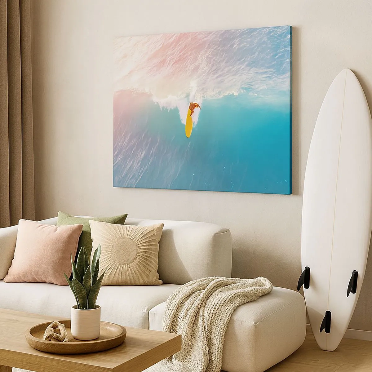 Tablou pe pânză Canvas - Surfer pe un val în culori pastelate - 70x50cm - Călărețul oceanului - Decorațiune modernă pentru perete pentru living și dormitor ARTTOR