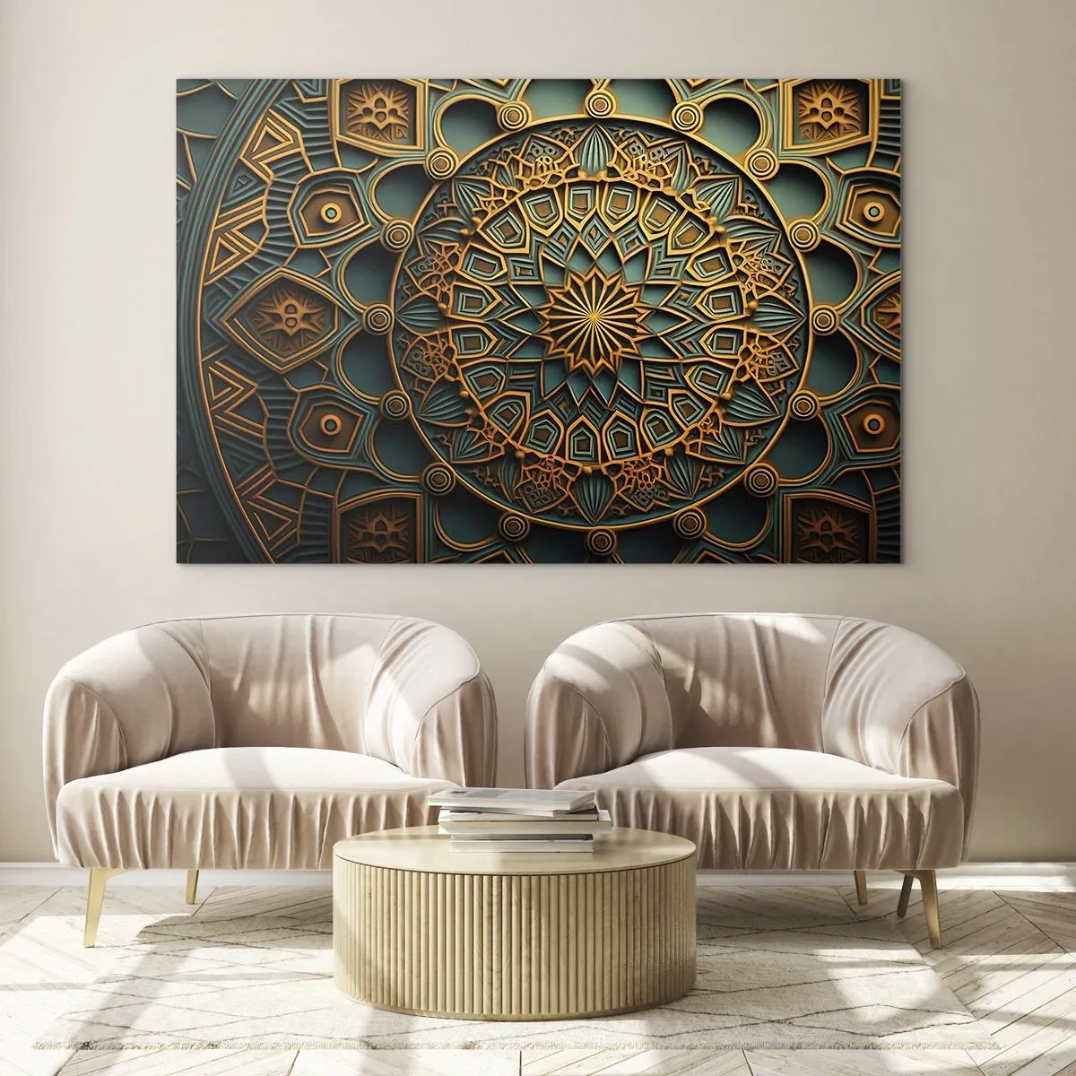 Tablou pe sticlă - Ornament din aur și turcoaz în stilul unui mozaic arab - 70x50cm - În stil arabic - Decorațiune modernă pentru perete pentru living și dormitor ARTTOR