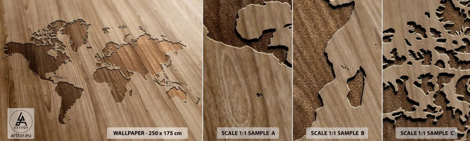 Mostră tapet Premium Sand - Lumea servită pe masă - Harta lumii, Lemn, Continente - 100x30 cm