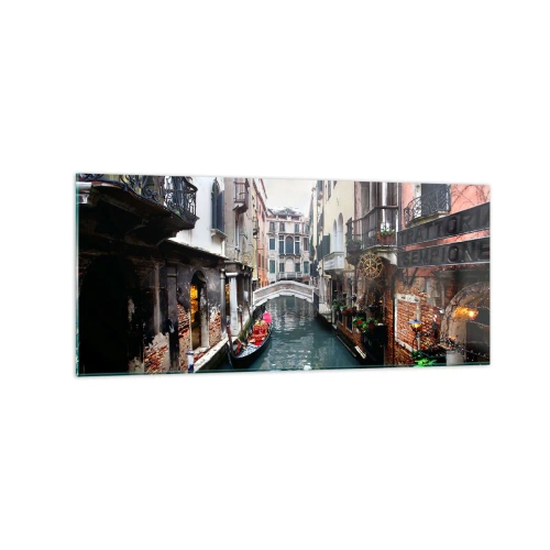 Tablou pe sticlă - Peisaj venețian cu gondolă și pod - 120x50 cm