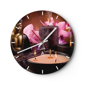 Ceas de perete - Ceas pe sticlă - Un set de lumânări, tămâie și o sculptură a lui Buddha cu flori roz - 30x30cm - Eliberați mintea, calmați corpul - Decorațiune modernă pentru perete pentru living, bucătărie și dormitor ARTTOR