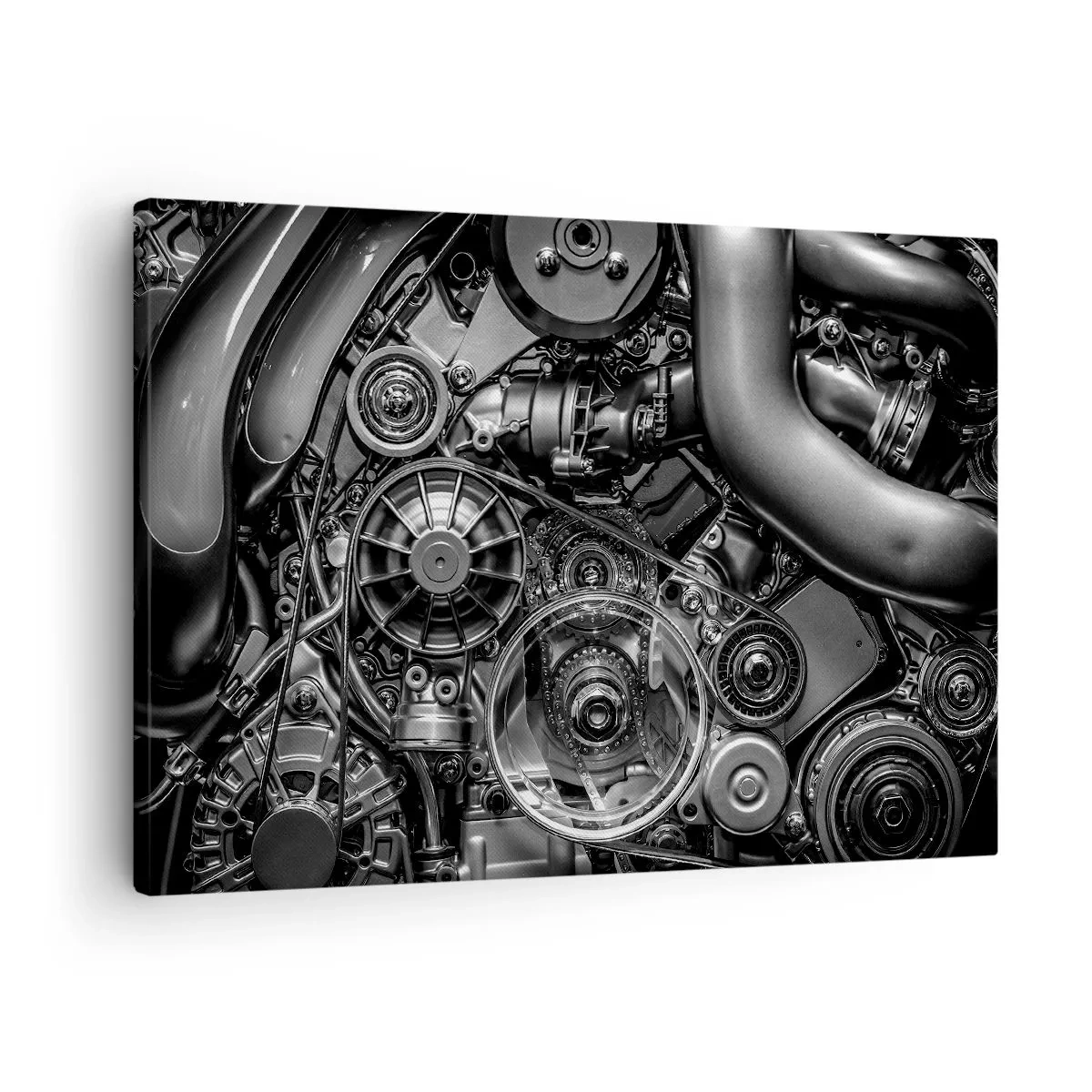 Tablou pe pânză Canvas - Prim-plan alb-negru al detaliilor mecanice ale unui motor de mașină. - 70x50cm - Poezia mecanicii - Decorațiune modernă pentru perete pentru living și dormitor ARTTOR