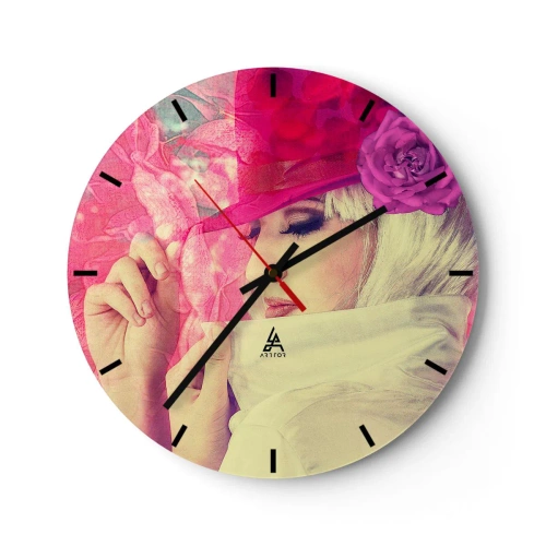 Ceas de perete - Ceas pe sticlă - Portret stilizat al unei femei în nuanțe de roz și alb - 30x30cm - Portret retro în roz - Decorațiune modernă pentru perete pentru living, bucătărie și dormitor ARTTOR