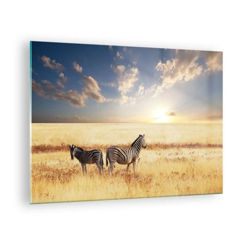 Tablou pe sticlă - Două zebre în savană la apus - 70x50cm - Plecați, nu tulburați liniștea - Decorațiune modernă pentru perete pentru living și dormitor ARTTOR
