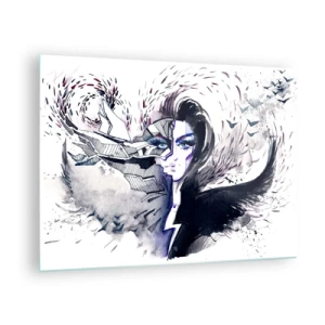 Tablou pe sticlă - Portret abstract cu elemente dinamice și negru - 70x50cm - Demonică și frumoasă - Decorațiune modernă pentru perete pentru living și dormitor ARTTOR