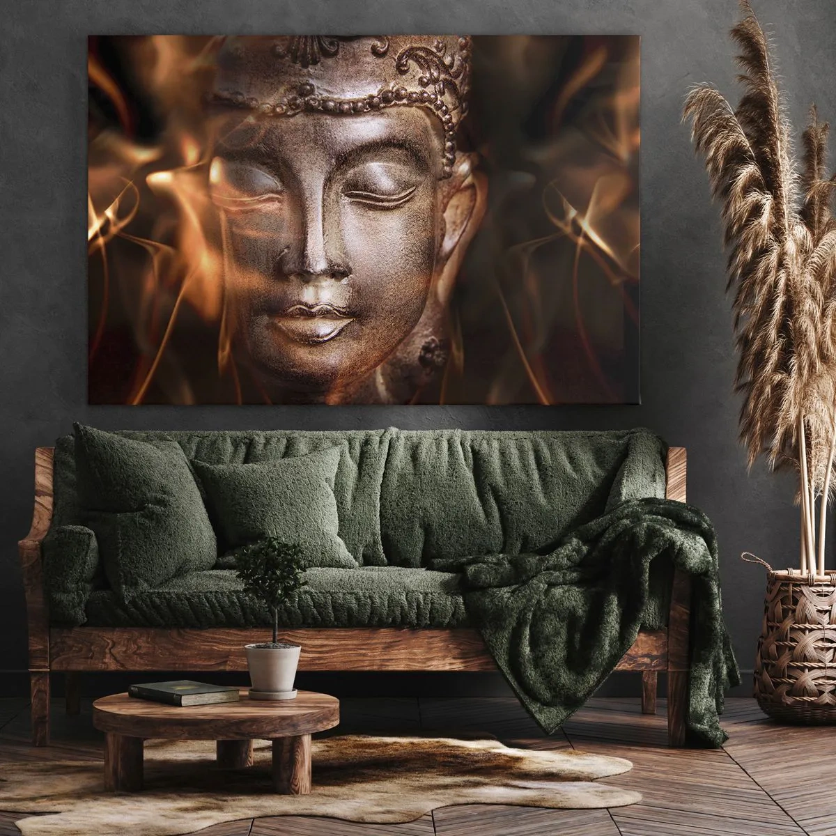 Tablou pe pânză Canvas - O statuie a lui Buddha în mijlocul flăcărilor aurii - 70x50cm - Există doar aici și acum - Decorațiune modernă pentru perete pentru living și dormitor ARTTOR