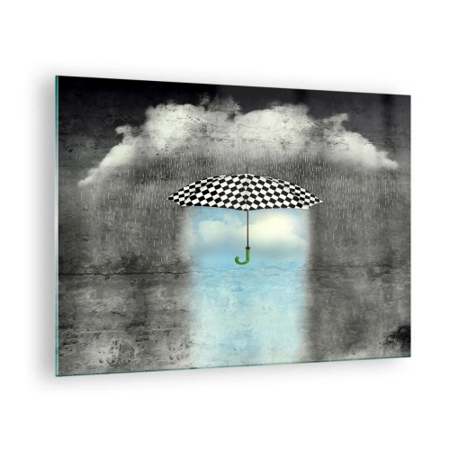 Tablou pe sticlă - O umbrelă în carouri alb-negru pe un fundal de ploaie și nori - 70x50cm - Și totuși este posibil - Decorațiune modernă pentru perete pentru living și dormitor ARTTOR