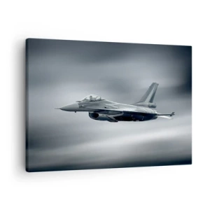 Tablou pe pânză Canvas - Un avion de vânătoare în zbor pe un cer înnorat - 70x50cm - Vrei să mă provoci? - Decorațiune modernă pentru perete pentru living și dormitor ARTTOR