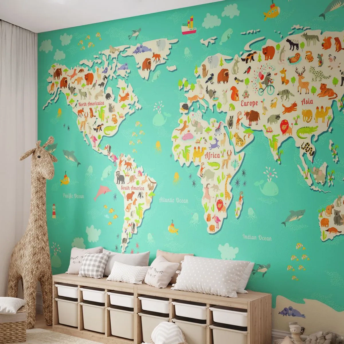 Tapet Standard Eco - Noi iubim întreaga lume - Harta lumii, Animale, Pentru copii - 200x140 cm