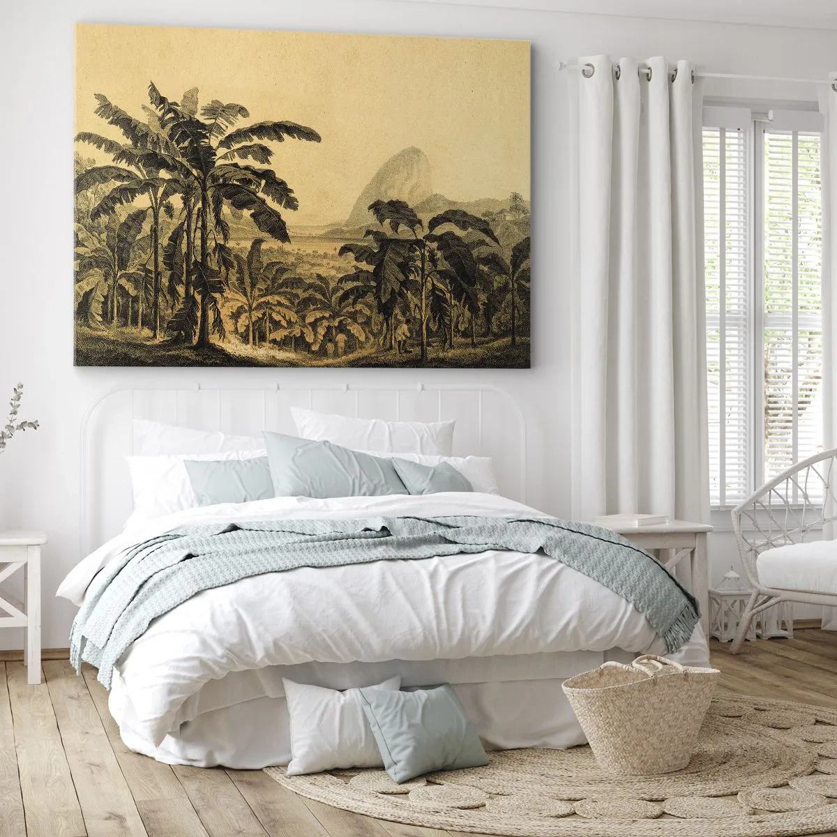 Tablou pe pânză Canvas - Desen de bananieri pe fundalul unui peisaj tropical - 70x50cm - În stil colonial - Decorațiune modernă pentru perete pentru living și dormitor ARTTOR