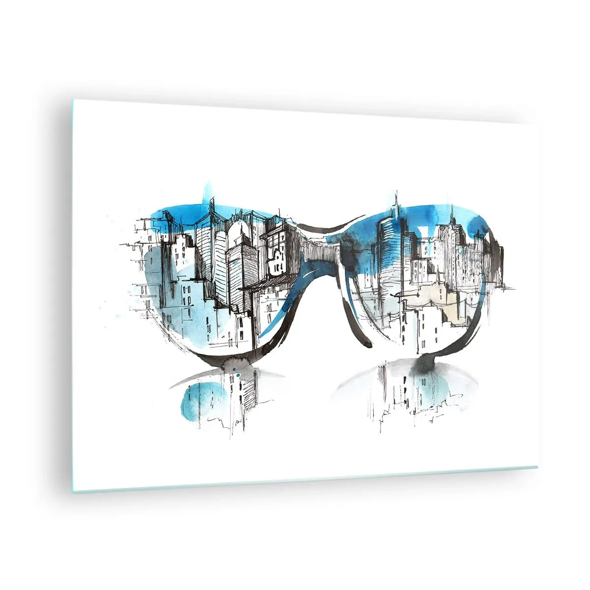 Tablou pe sticlă - Panorama orașului reflectată în ochelarii de soare - 70x50cm - Eleganța unui mare oraș - Decorațiune modernă pentru perete pentru living și dormitor ARTTOR