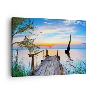 Tablou pe pânză Canvas - Dig lac cu barcă și apus de soare - 70x50cm - Bună seara - Decorațiune modernă pentru perete pentru living și dormitor ARTTOR