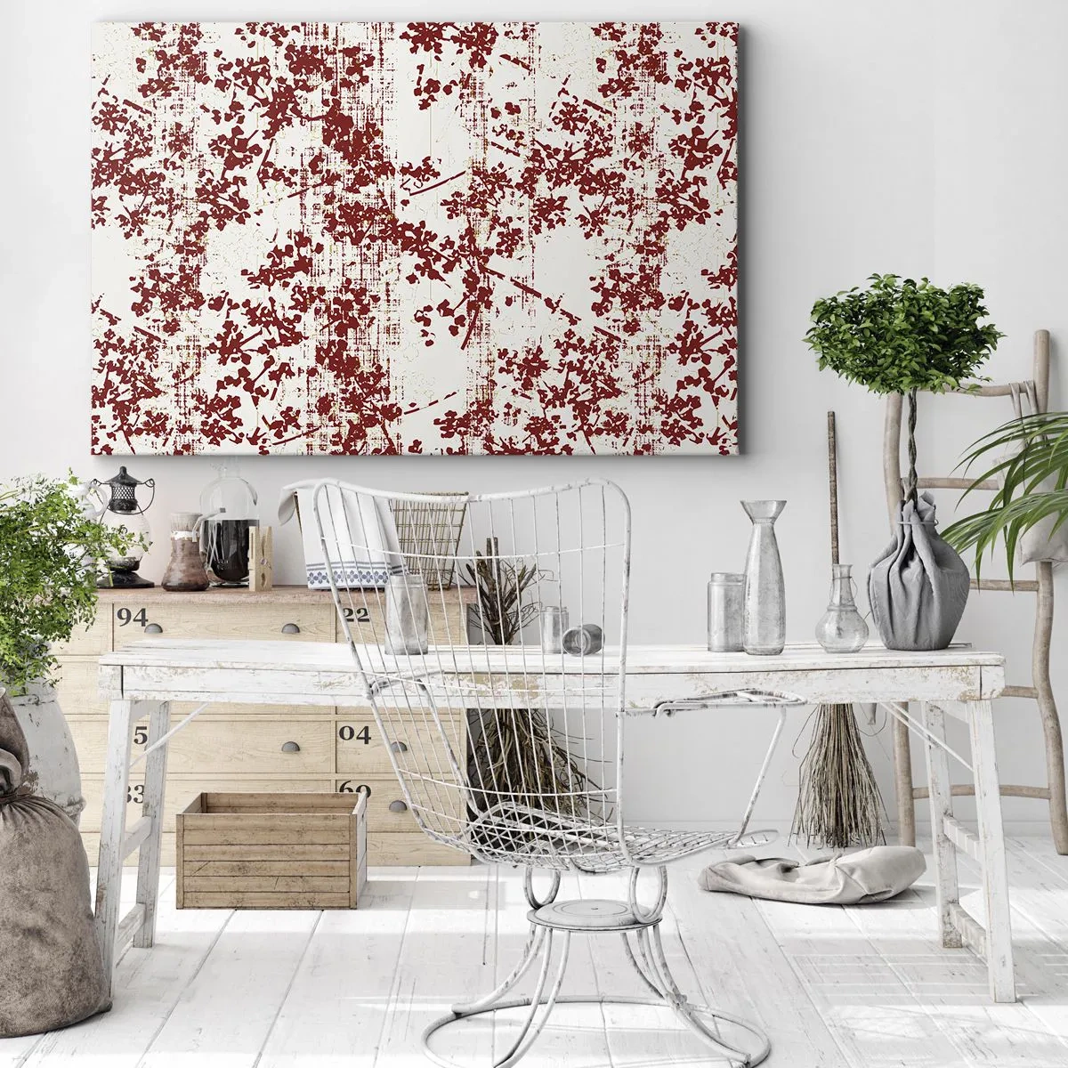 Tablou pe pânză Canvas - Flori roșii pe fundal alb într-un stil artistic - 70x50cm - Ca un percal vechi - Decorațiune modernă pentru perete pentru living și dormitor ARTTOR