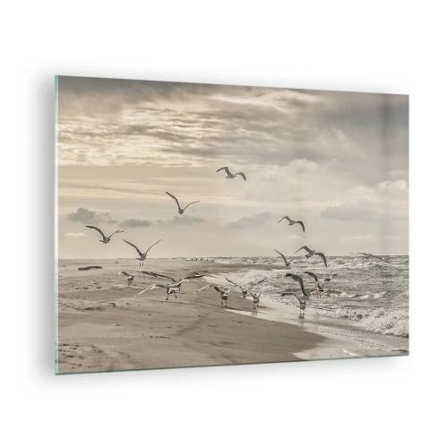 Tablou pe sticlă - Păsări pe malul mării în zori în tonuri sepia - 70x50cm - Marea zumzăie, păsările cântă - Decorațiune modernă pentru perete pentru living și dormitor ARTTOR