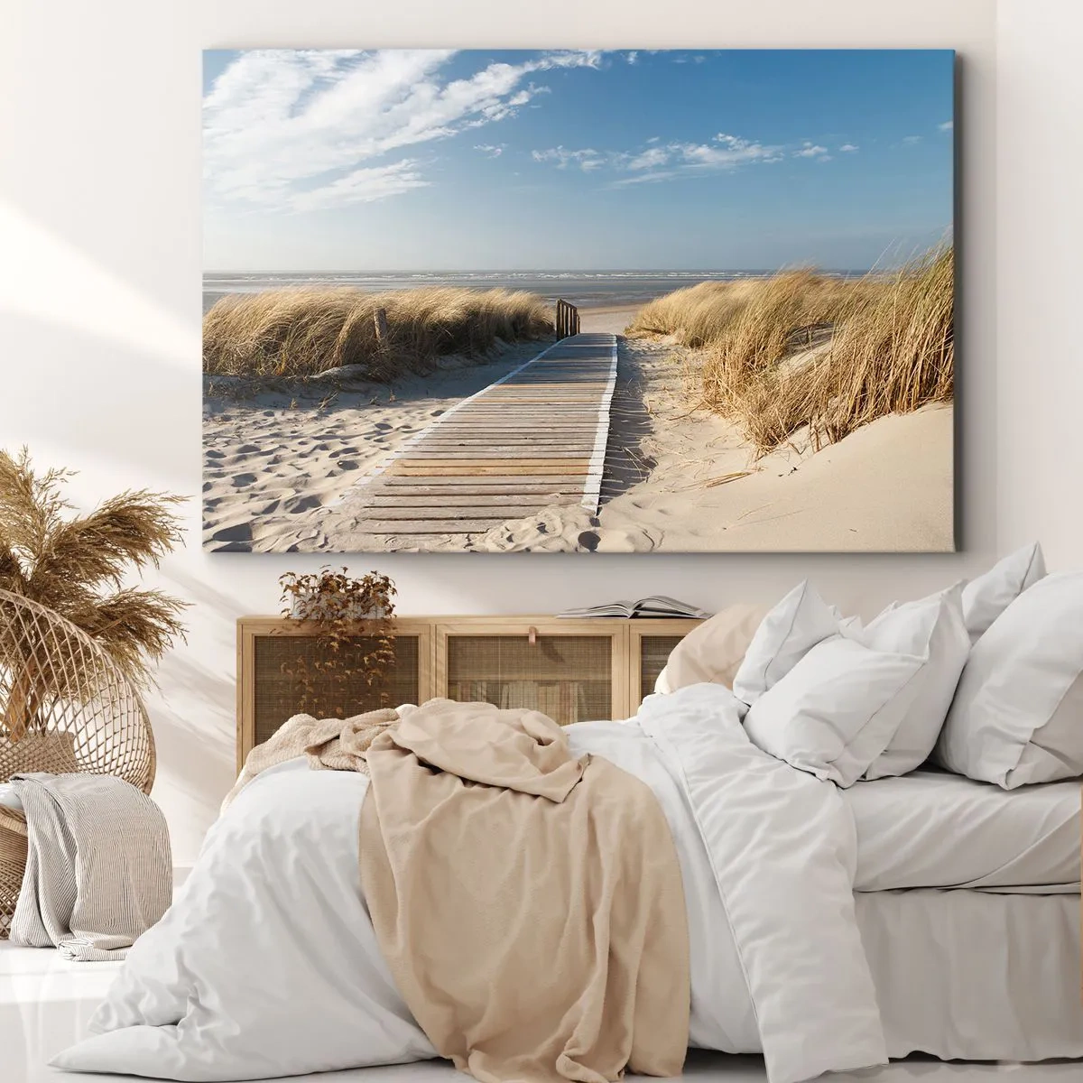Tablou pe pânză Canvas - O potecă de lemn duce prin dune spre marea calmă - 70x50cm - În spatele dunei, în zumzetul ierbii - Decorațiune modernă pentru perete pentru living și dormitor ARTTOR