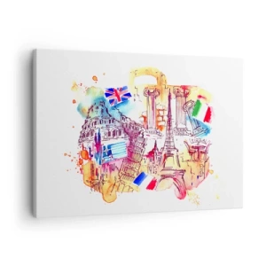 Tablou pe pânză Canvas - Acuarelă cu simboluri europene și steaguri de țară - 70x50cm - Turneu european - Decorațiune modernă pentru perete pentru living și dormitor ARTTOR