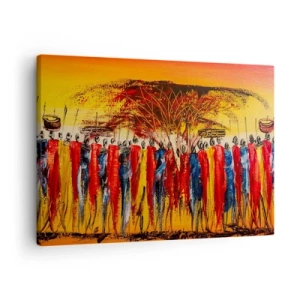 Tablou pe pânză Canvas - O scenă colorată cu figuri africane pe fundalul soarelui la apus. - 70x50cm - Acolo, acolo, acolo, acolo se duc - Decorațiune modernă pentru perete pentru living și dormitor ARTTOR