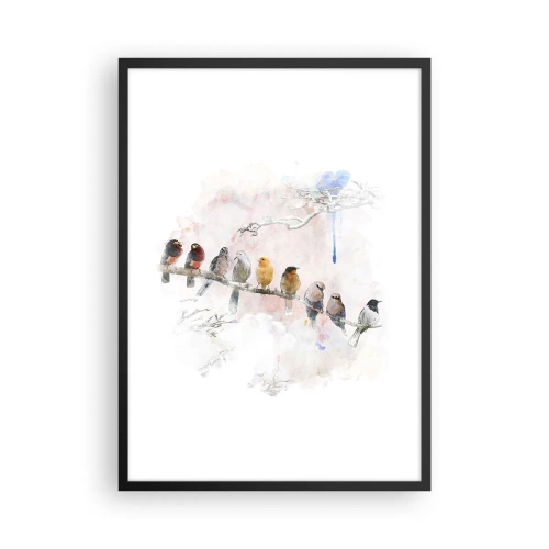 Poster în ramă neagră - Păsări așezate pe o creangă în stil acuarelă - 50x70cm - Întâlnire înaripată - Decorațiune modernă pentru perete pentru living și dormitor ARTTOR