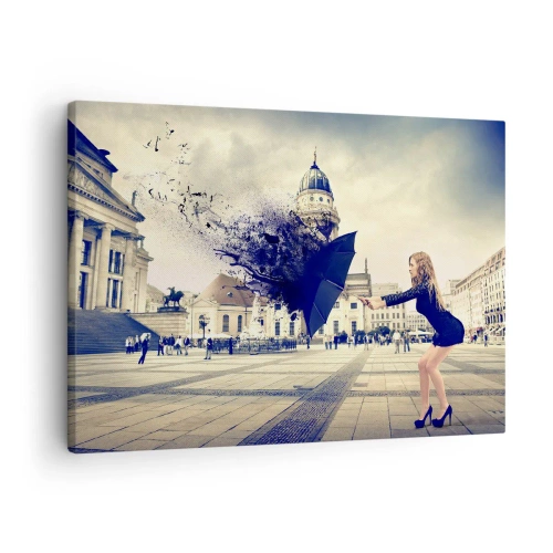 Tablou pe pânză Canvas - O femeie cu o umbrelă într-o compoziție artistică pe un fundal urban - 70x50cm - Există un astfel de vânt... - Decorațiune modernă pentru perete pentru living și dormitor ARTTOR