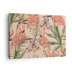 Tablou pe pânză Canvas - Flamingo și flori tropicale pe un fundal deschis - 70x50cm - Balet floral roz - Decorațiune modernă pentru perete pentru living și dormitor ARTTOR