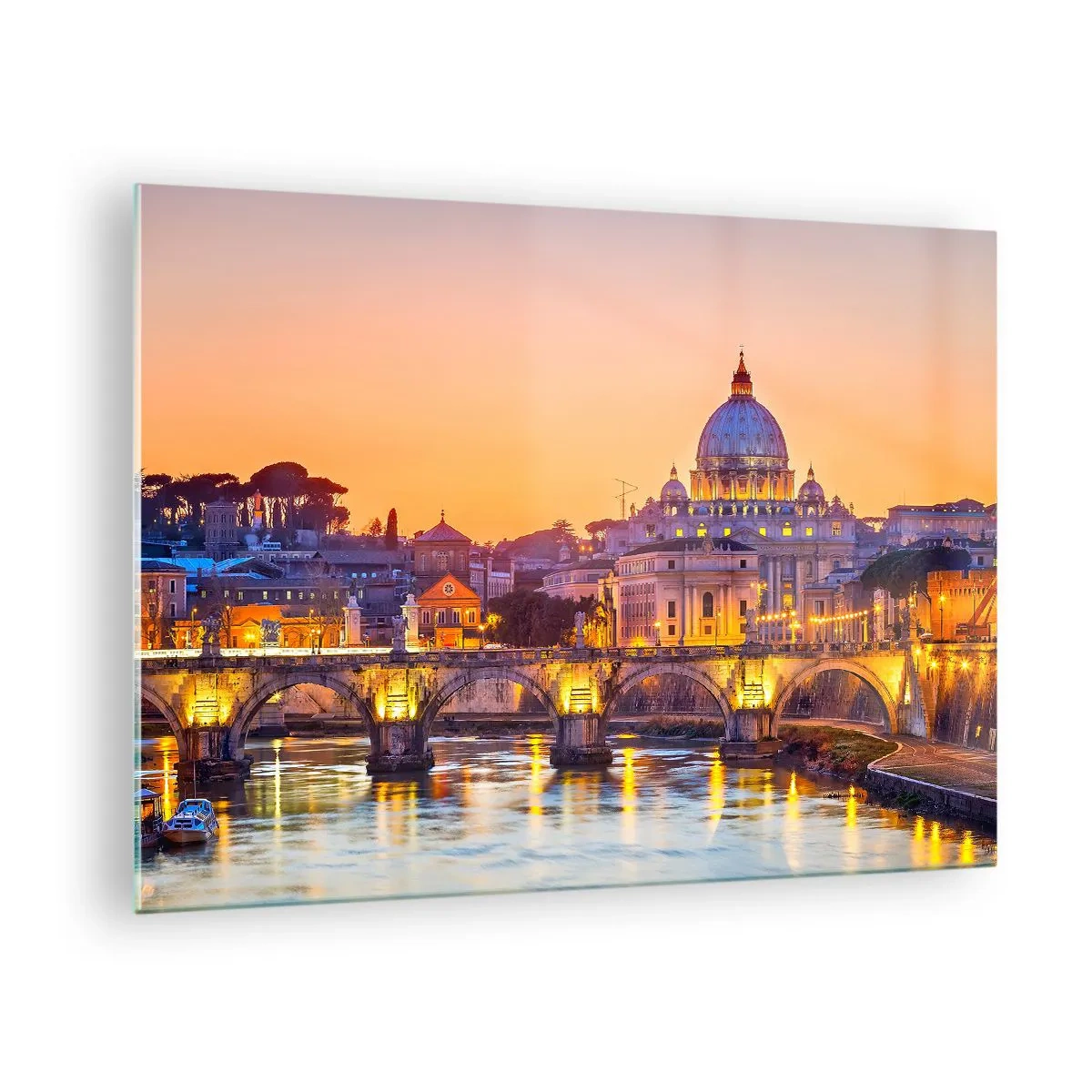 Tablou pe sticlă - Pod și bazilică în Roma la apus - 70x50cm - Amurg deasupra Orașului Etern - Decorațiune modernă pentru perete pentru living și dormitor ARTTOR