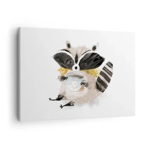 Tablou pe pânză Canvas - Raton adorabil care ține o cană în culori pastelate - 70x50cm - Prietenul meu ratonul - Decorațiune modernă pentru perete pentru living și dormitor ARTTOR
