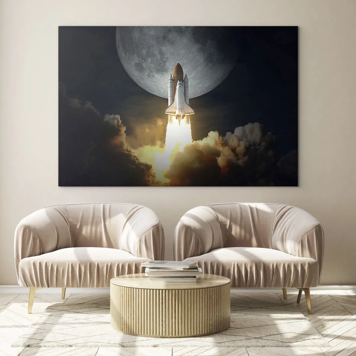 Tablou pe sticlă - Lansarea unei rachete spațiale pe fundalul lunii și al cerului nopții. - 70x50cm - Începutul unei aventuri nepământene - Decorațiune modernă pentru perete pentru living și dormitor ARTTOR