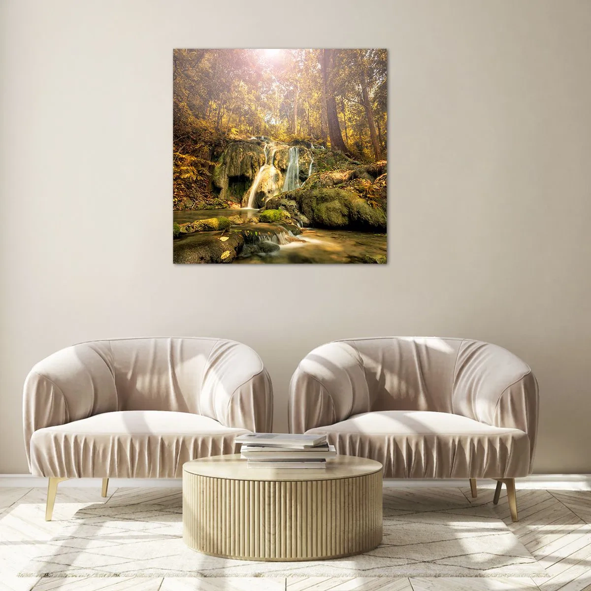 Tablou pe sticlă - Cascada de pădure în verde - 30x30 cm