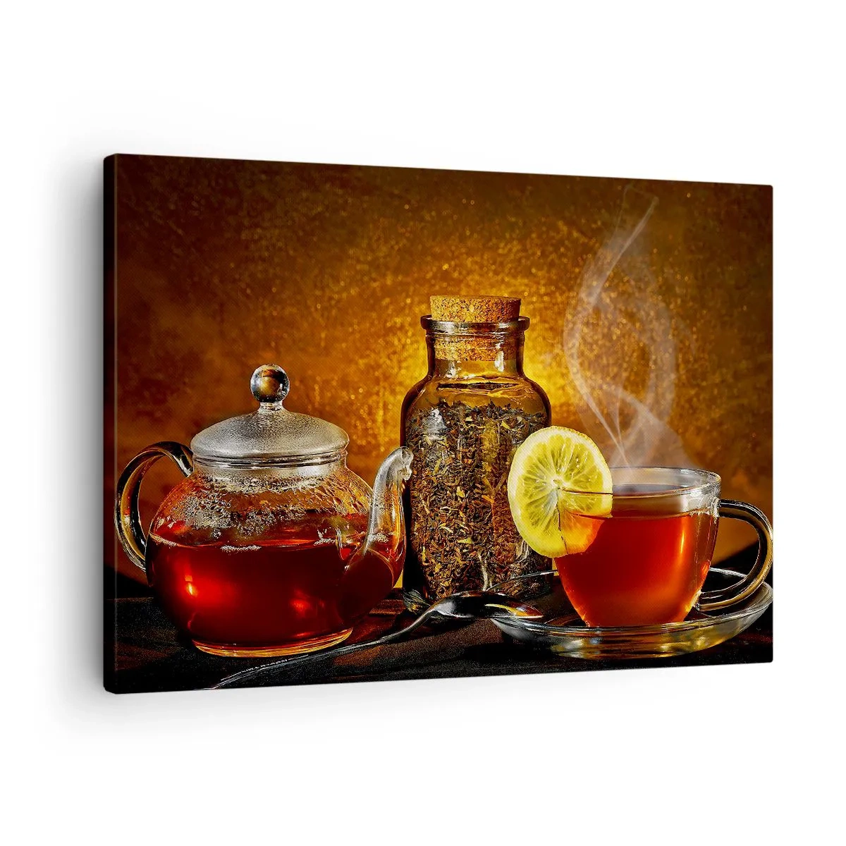 Tablou pe pânză Canvas - Ceai într-un ulcior de sticlă cu lămâie și ceai vrac - 70x50cm - În stilul maeștrilor olandezi - Decorațiune modernă pentru perete pentru living și dormitor ARTTOR