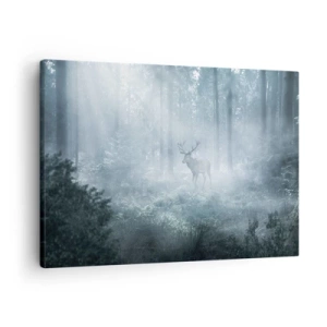 Tablou pe pânză Canvas - Un cerb într-o pădure densă învăluită în ceața dimineții - 70x50cm - Plimbarea de dimineață prin regat - Decorațiune modernă pentru perete pentru living și dormitor ARTTOR