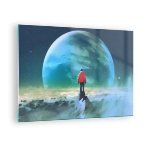 Tablou pe sticlă - O figură într-o jachetă roșie pe fundalul unei planete uriașe și al unor stele - 70x50cm - Descoperitorul unui nou ținut - Decorațiune modernă pentru perete pentru living și dormitor ARTTOR