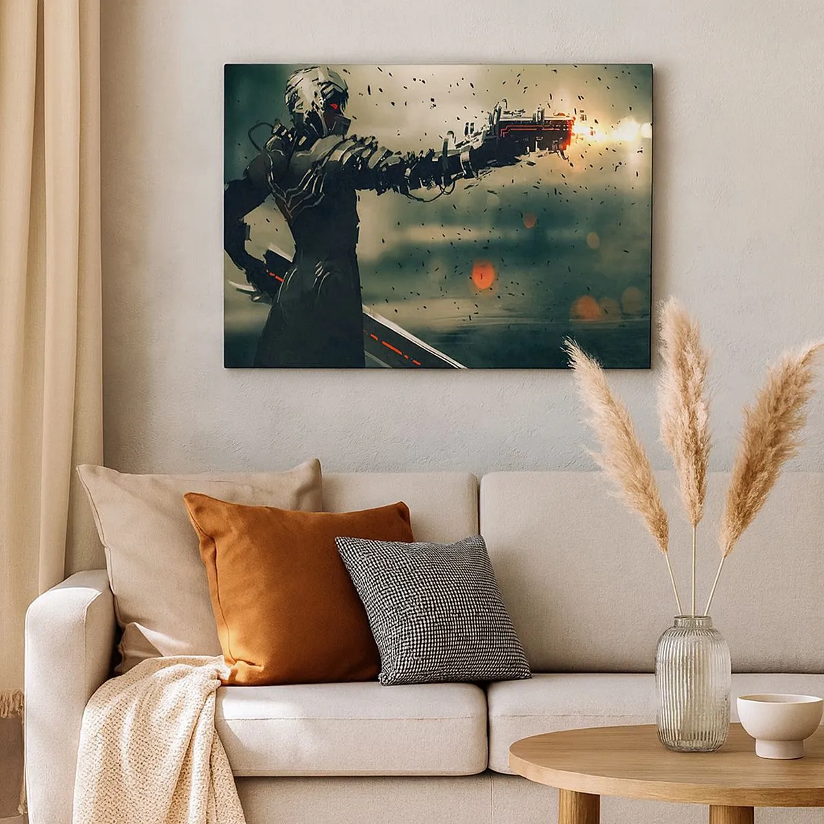 Tablou pe pânză Canvas - Războinic cibernetic cu arme futuriste - 70x50cm - Armă letală - propriul tău Terminator - Decorațiune modernă pentru perete pentru living și dormitor ARTTOR