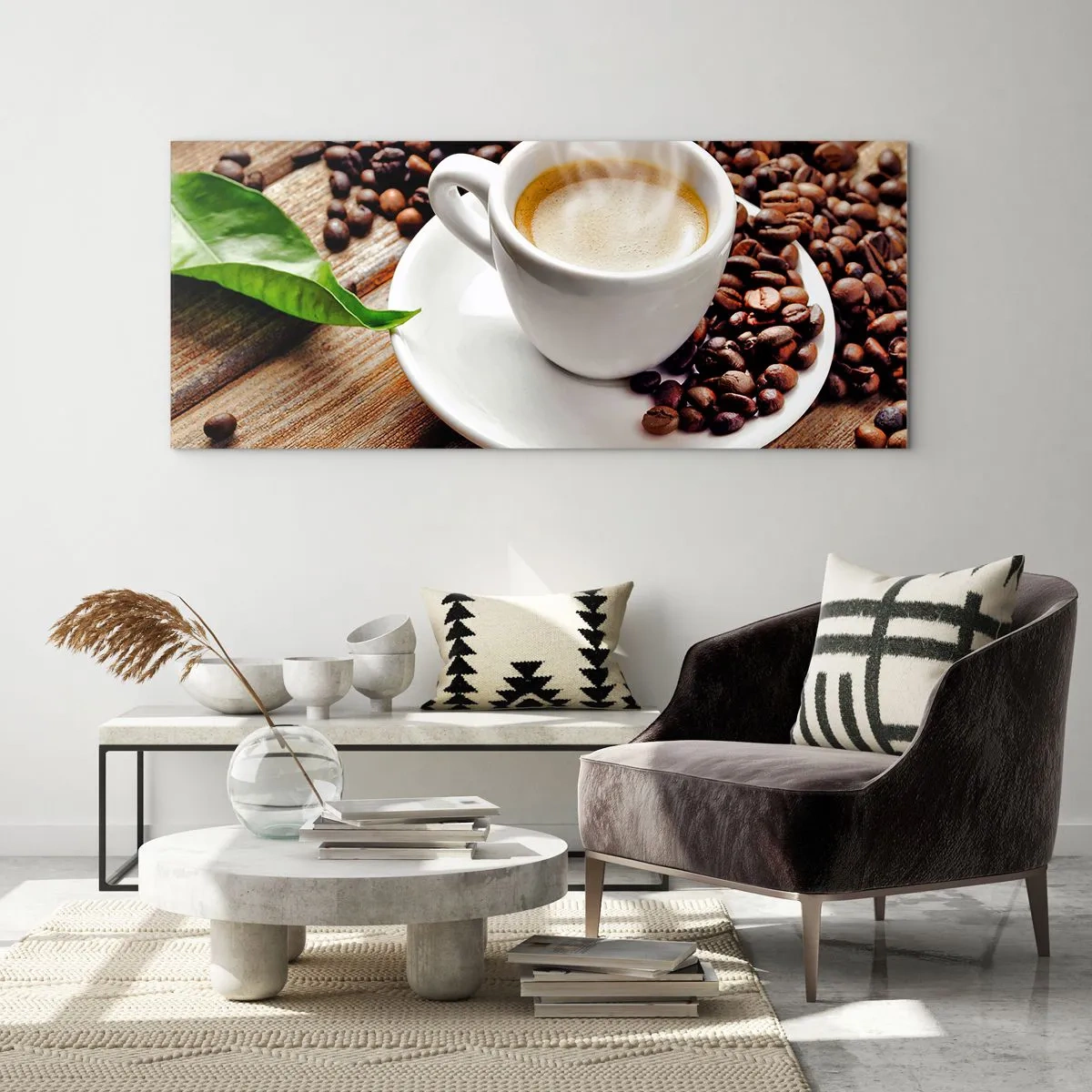 Tablou pe sticlă - Cafea pe bancă - 90x30 cm