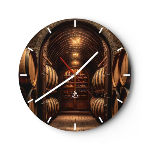 Ceas de perete - Ceas pe sticlă - Butoaie de lemn într-o pivniță de vinuri luminată - 30x30cm - Beciul cu atmosferă - Decorațiune modernă pentru perete pentru living, bucătărie și dormitor ARTTOR