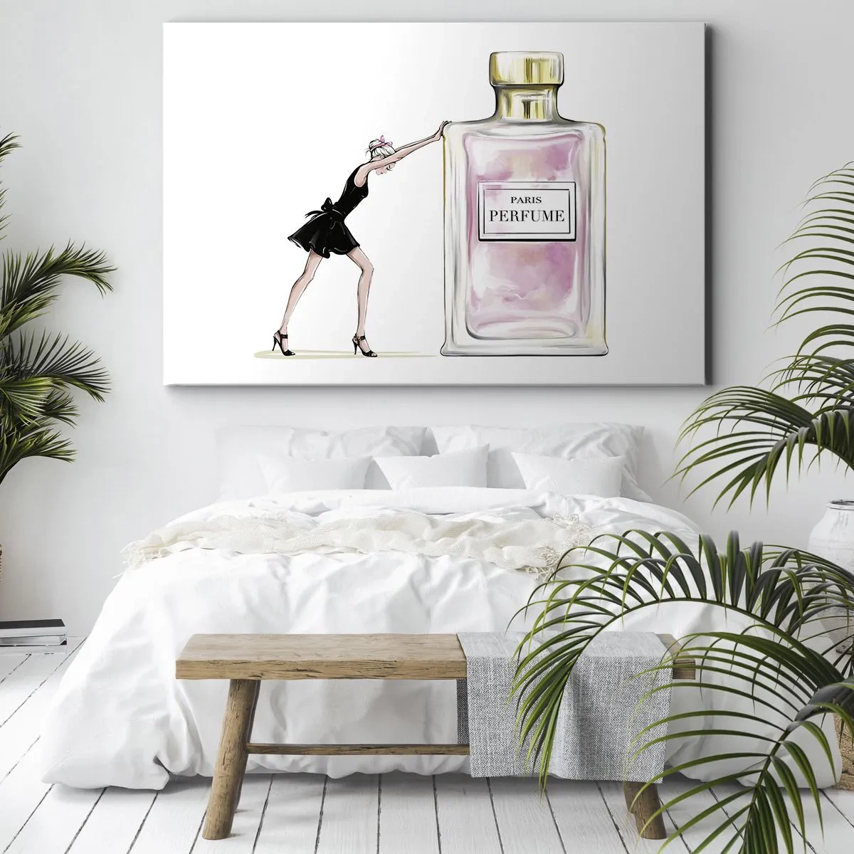 Tablou pe pânză Canvas - O femeie într-o rochie neagră lângă o sticlă de parfum - 70x50cm - Esența feminității - Decorațiune modernă pentru perete pentru living și dormitor ARTTOR