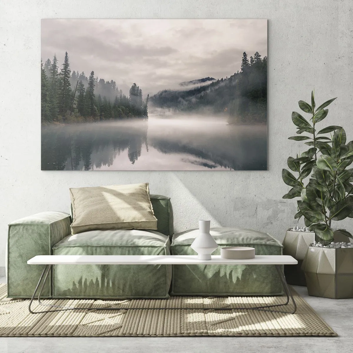 Tablou pe sticlă - Vedere de dimineață a unui lac în pădure, învăluit în ceață - 70x50cm - În reverie, în ceață - Decorațiune modernă pentru perete pentru living și dormitor ARTTOR