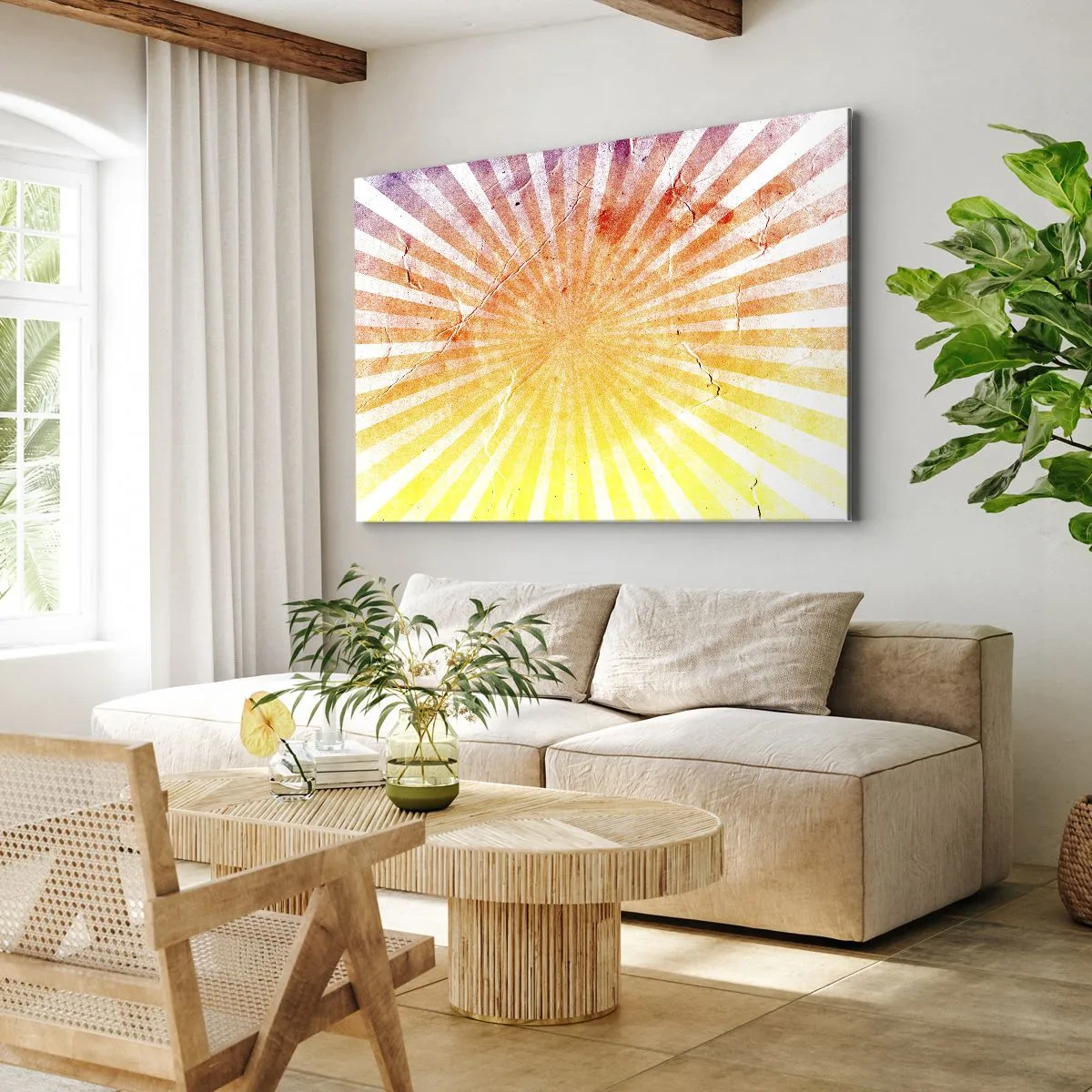 Tablou pe pânză Canvas - Raze de soare în nuanțe de portocaliu și galben - 70x50cm - Răsărituri și apusuri de soare - Decorațiune modernă pentru perete pentru living și dormitor ARTTOR