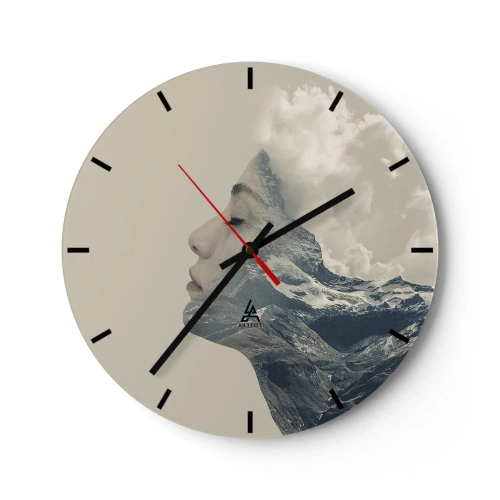 Ceas de perete - Ceas pe sticlă - Chipul unei femei împletit cu un peisaj montan - 30x30cm - Frumusețea elementelor - Decorațiune modernă pentru perete pentru living, bucătărie și dormitor ARTTOR