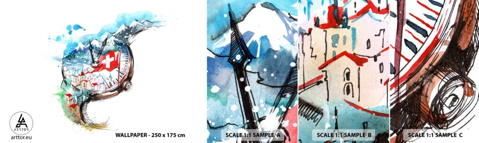 Mostră de Tapet Standard Eco - Spiritul Elveției - Abstracția, Ceas elvețian, Alpi - 100x30 cm