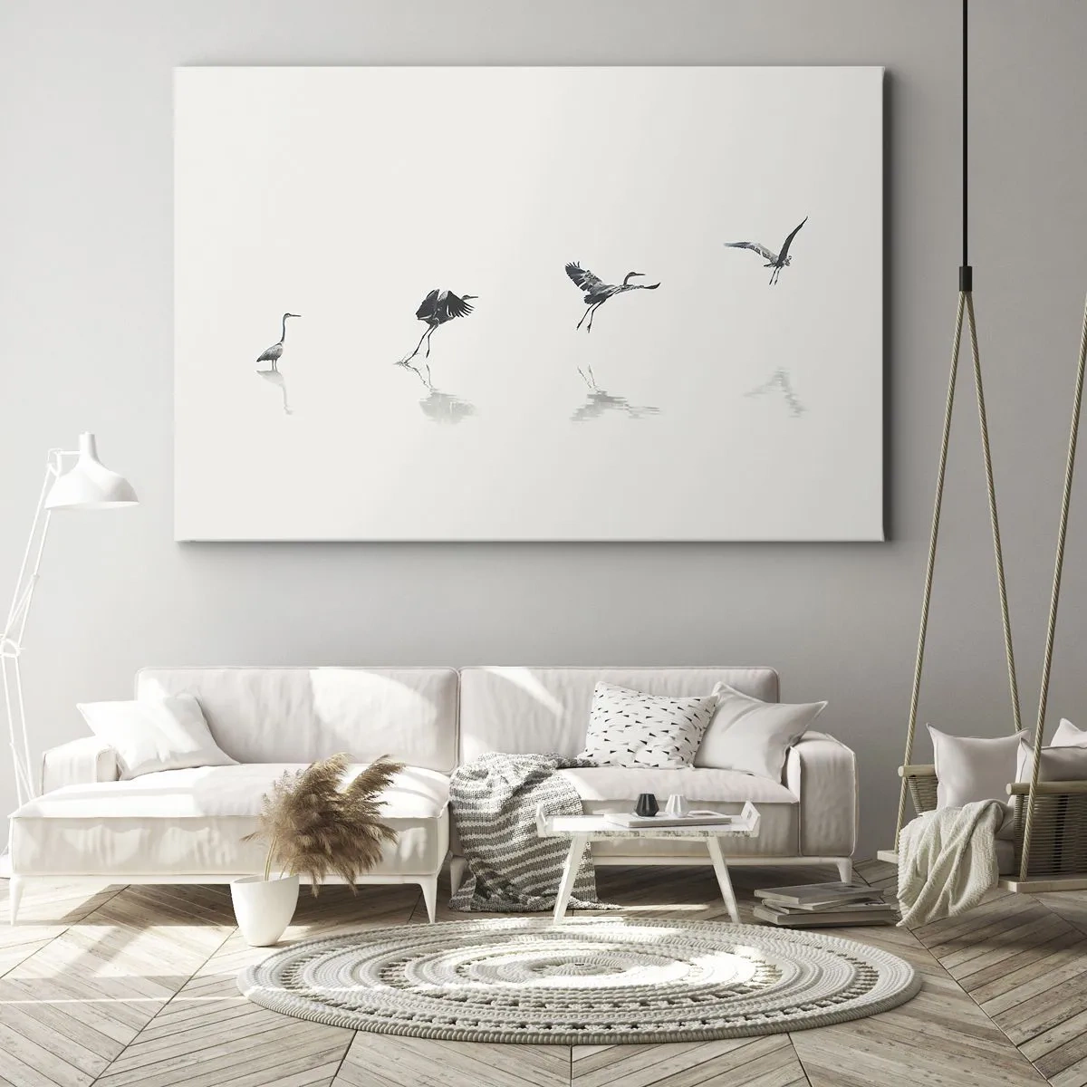 Tablou pe pânză Canvas - Patru siluete de păsări reflectate în apa calmă - 70x50cm - Patru pași simpli - Decorațiune modernă pentru perete pentru living și dormitor ARTTOR
