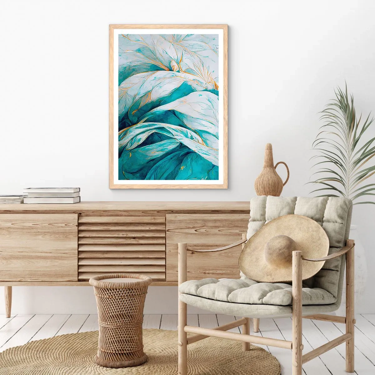 Poster în ramă de stejar deschis - Abstractul albastru cu motiv auriu - 70x100 cm