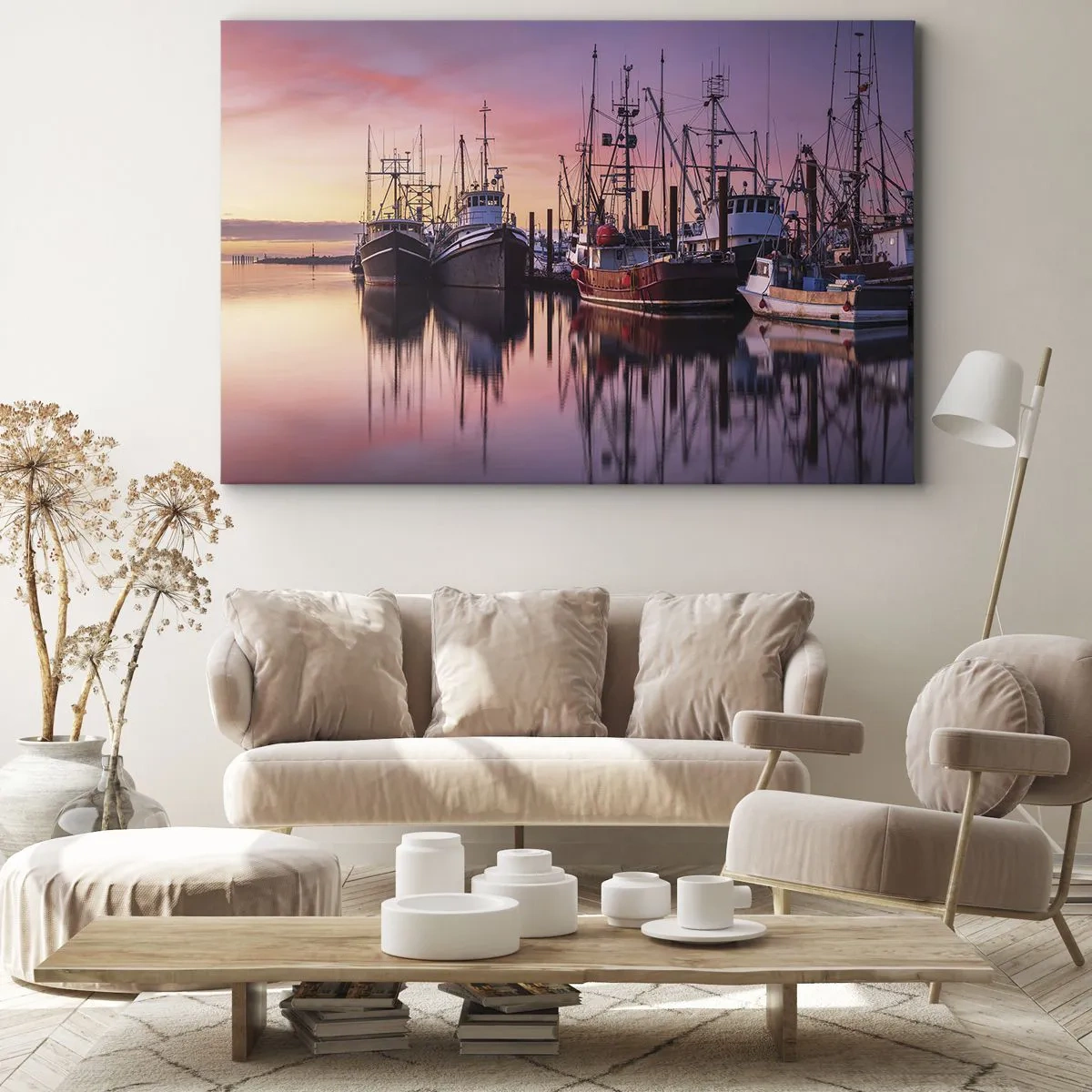 Tablou pe pânză Canvas - Bărci de pescuit în port la apus - 70x50cm - Înainte de o zi plină - Decorațiune modernă pentru perete pentru living și dormitor ARTTOR